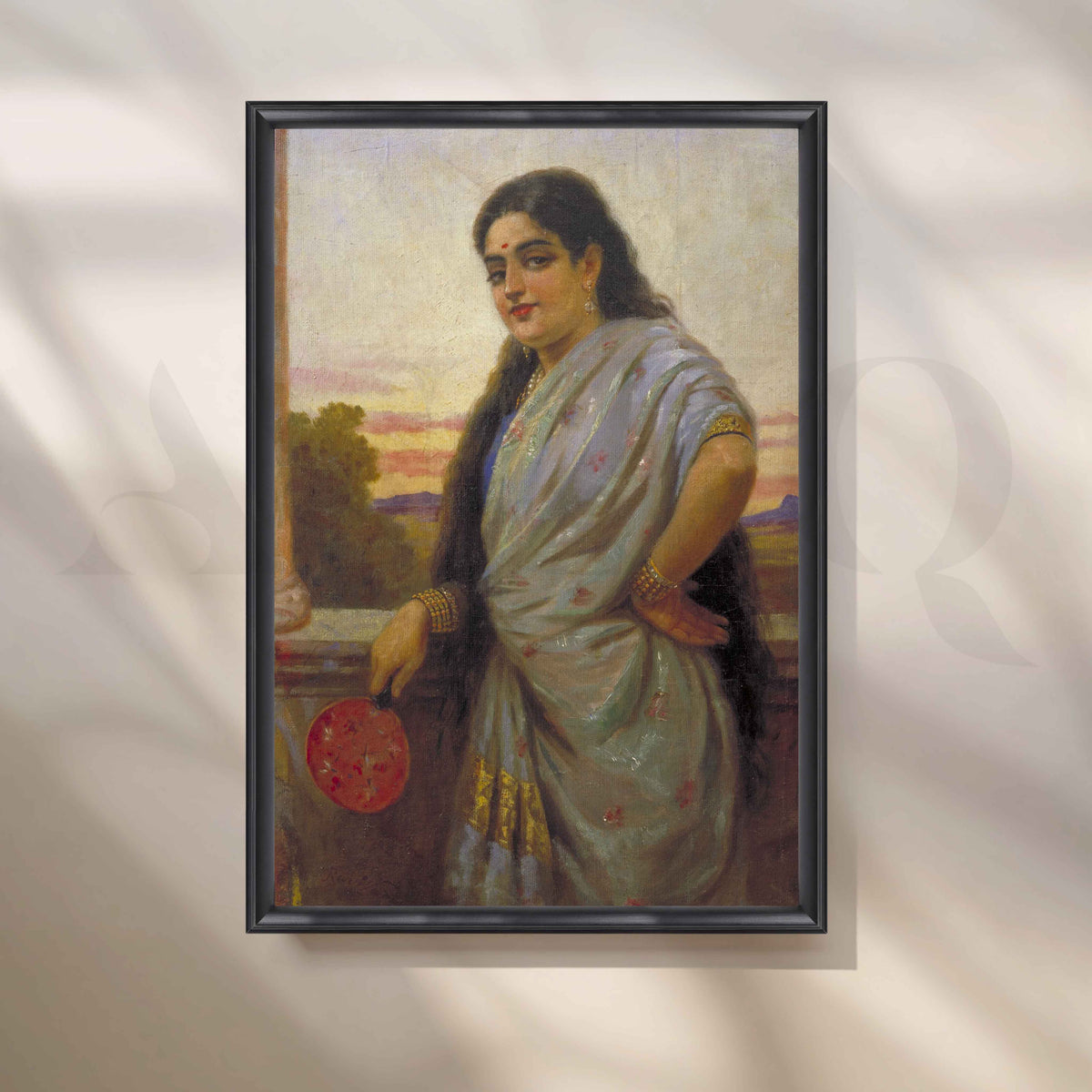 Woman Holding a Fan by Raja Ravi Varma Canvas Artwork – Asha Art Studio – Image 3