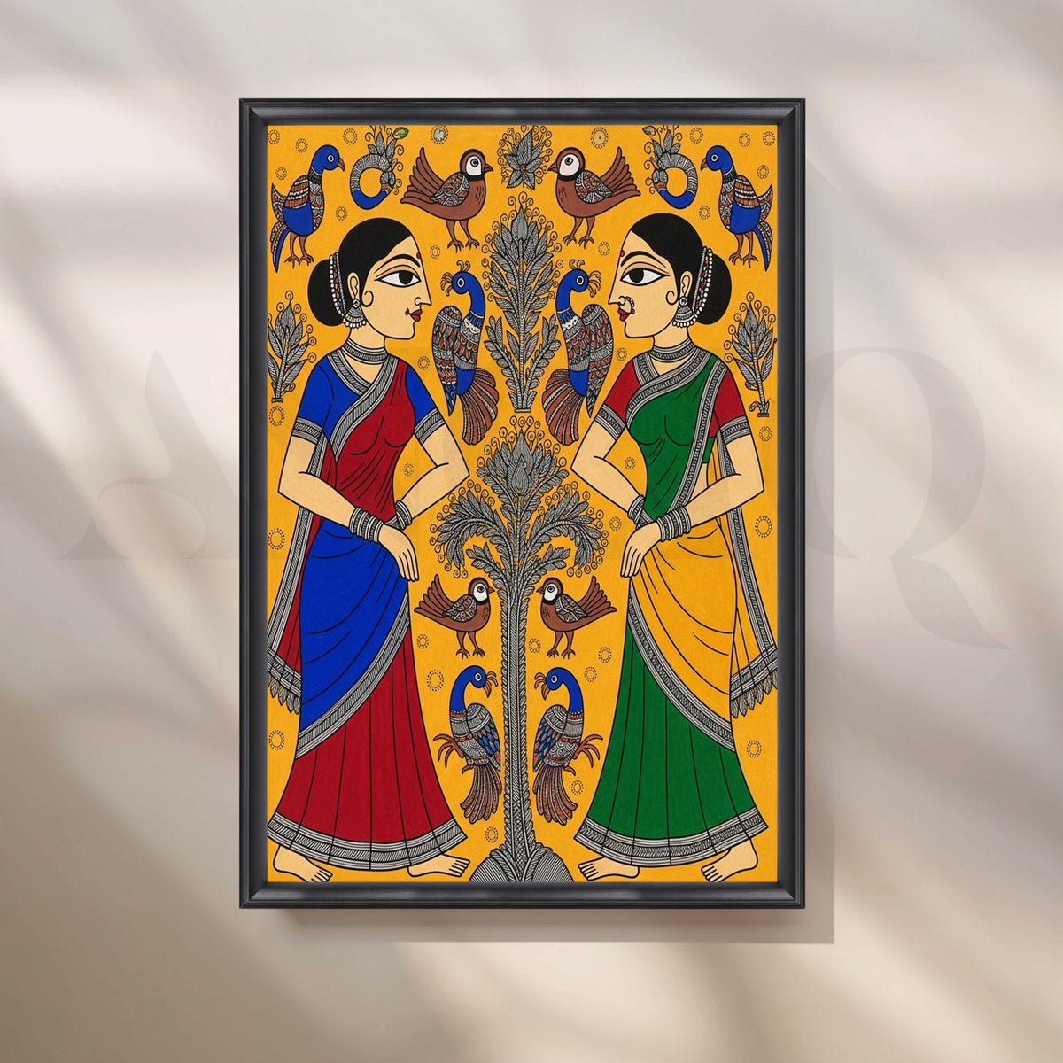 Traditional Women and Birds Madhubani Canvas Artwork – Asha Art Studio – Image 3