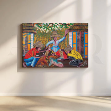 Tropical Village Gathering Folk Canvas Artwork – Asha Art Studio