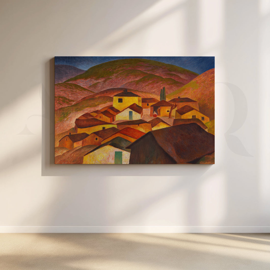 Terracotta Hillside Village Canvas Artwork – Asha Art Studio