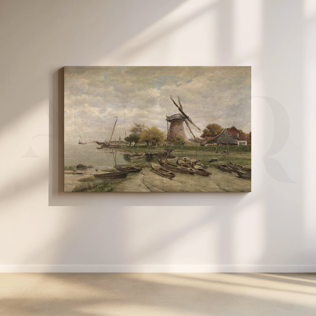 Riverside Windmill Landscape Canvas Artwork – Asha Art Studio