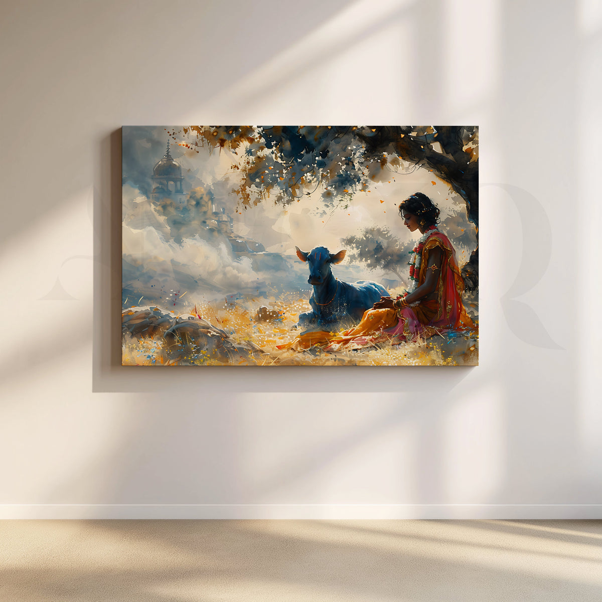 Krishna in Vrindavan Calm Canvas Artwork – Asha Art Studio