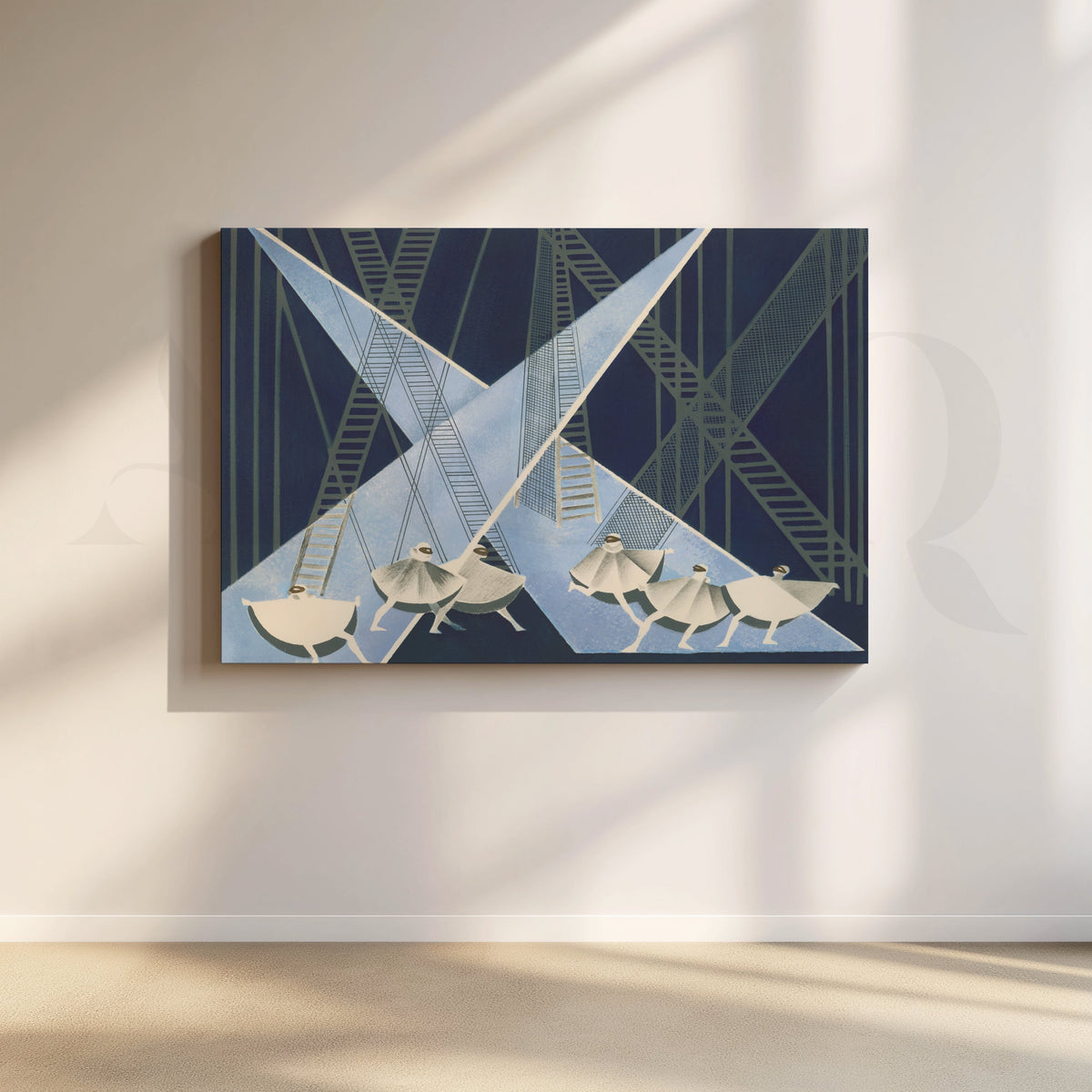 Modern Geometric Dancers Blue Canvas Artwork – Asha Art Studio