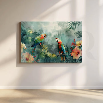 Tropical Parrot Conversation Canvas Artwork – Asha Art Studio
