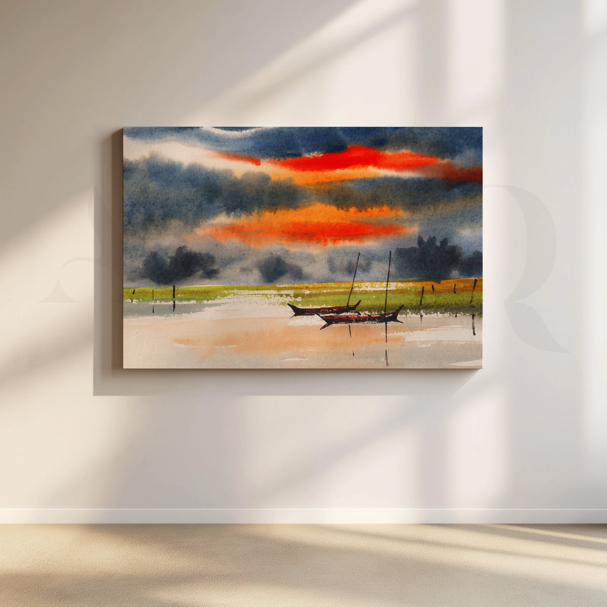 Sunset Stillness with Boats Canvas Artwork – Asha Art Studio