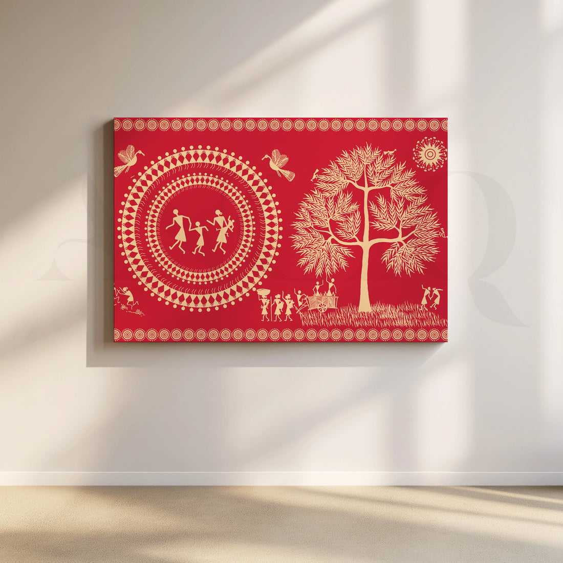 Red Warli Folk Art Canvas Artwork – Asha Art Studio