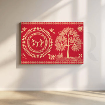 Red Warli Folk Art Canvas Artwork – Asha Art Studio
