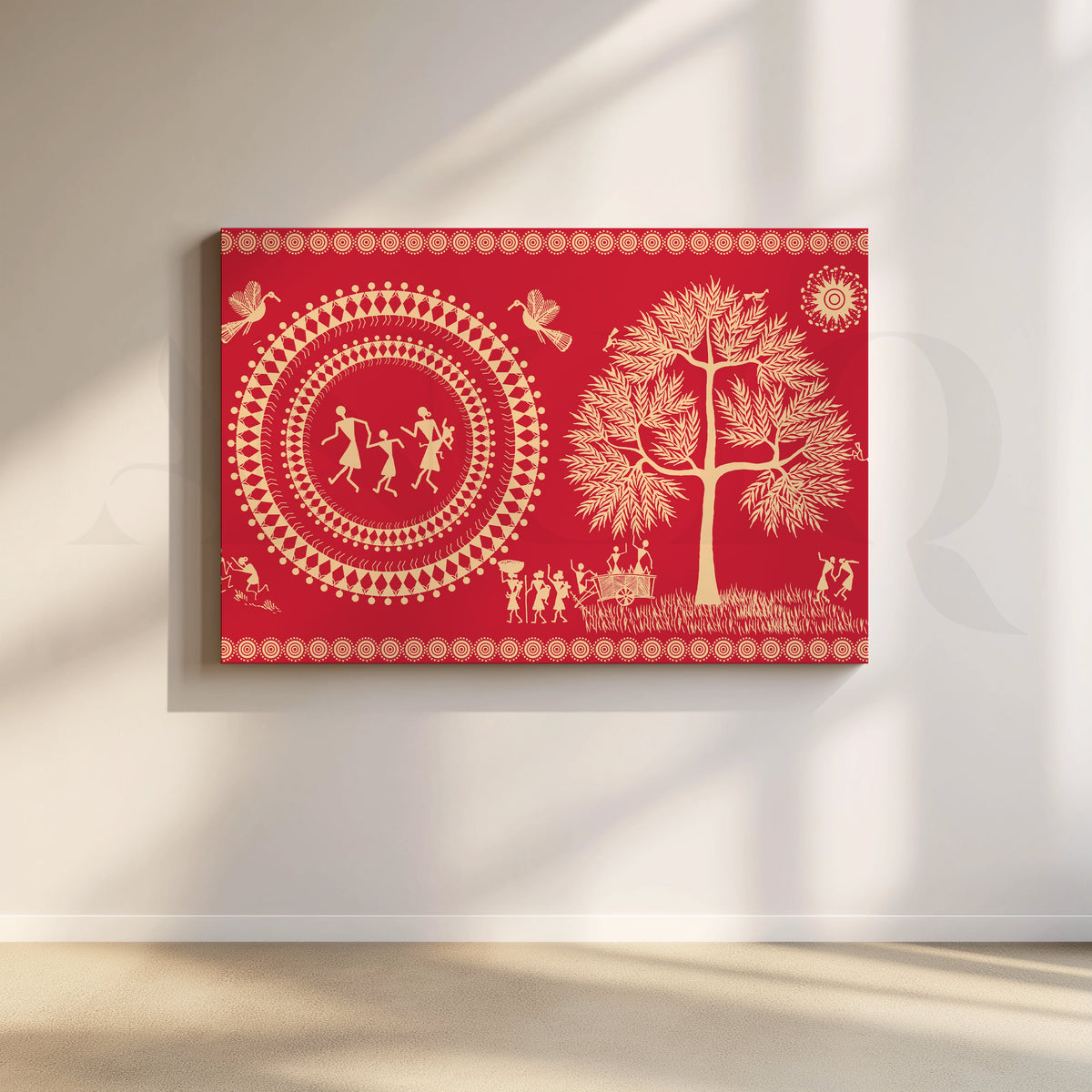 Red Warli Folk Art Canvas Artwork – Asha Art Studio