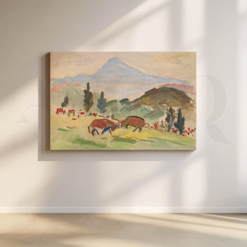 Pastoral Meadow with Bulls Canvas Artwork – Asha Art Studio