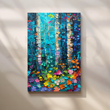 Teal Birch Bloom Canvas Painting for Living Room – Asha Art Studio