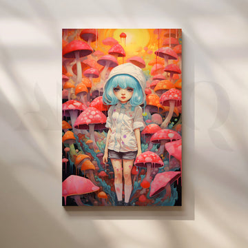 Mushroom Wonderland Girl Canvas Painting for Bedroom/Creative Studio – Asha Art Studio