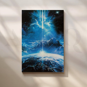 Celestial Convergence — Cosmic Lightbeam Over Earth Wall Art – Asha Art Studio