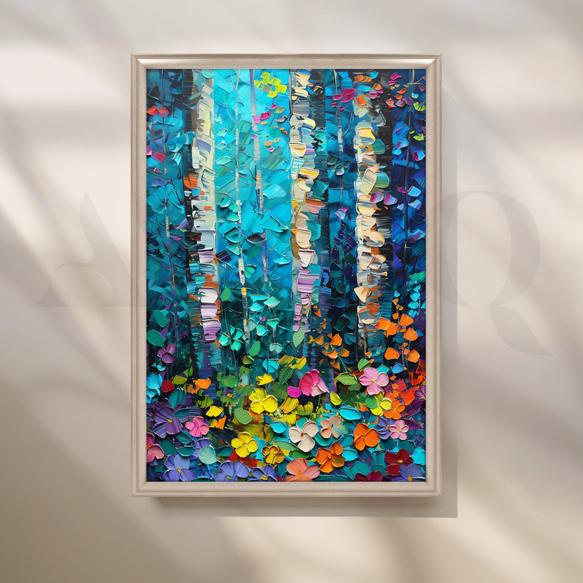 Teal Birch Bloom Canvas Painting for Living Room – Asha Art Studio – Image 4
