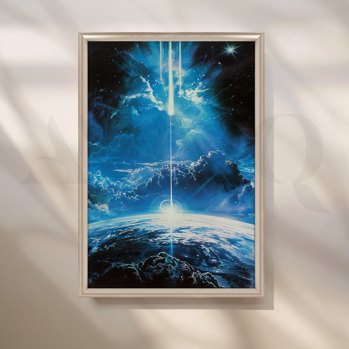 Celestial Convergence — Cosmic Lightbeam Over Earth Wall Art – Asha Art Studio – Image 4