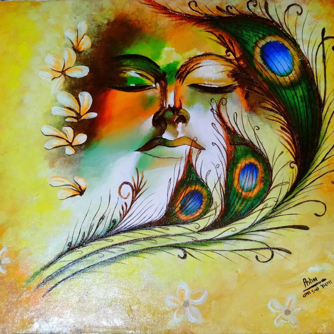 Mor Pankh Krishna – Peacock Feather Painting – handmade by Asha Art Studio