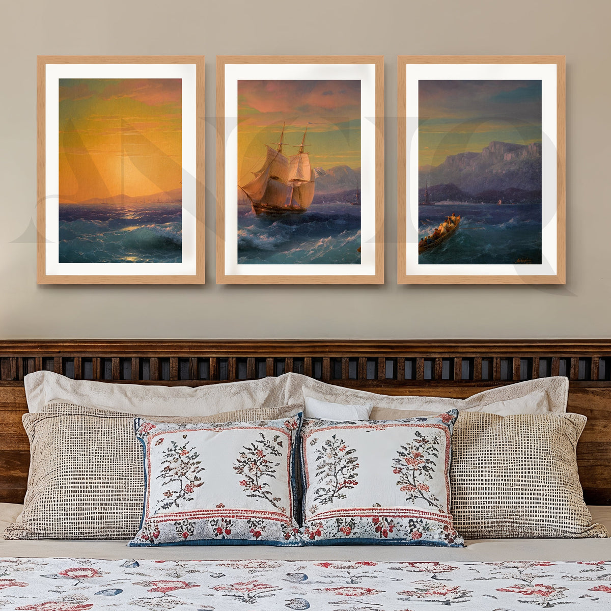 Golden Horizon Sailing Gallery Wall – Set of 3 Vintage Seascape Artworks - 18 x 24 Inches – Asha Art Studio – Image 5