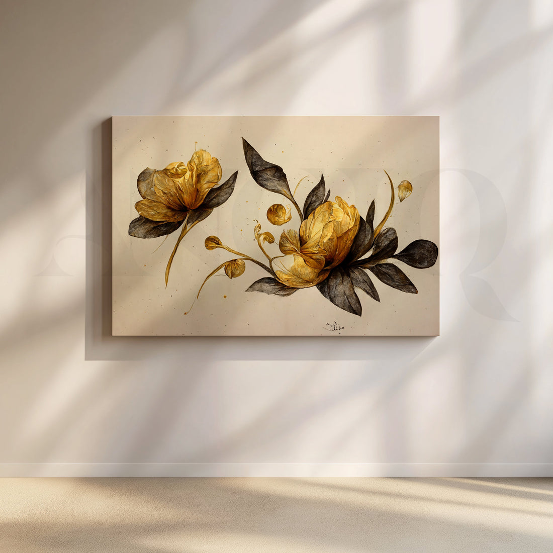 Elegant Golden Floral Canvas Artwork – Asha Art Studio