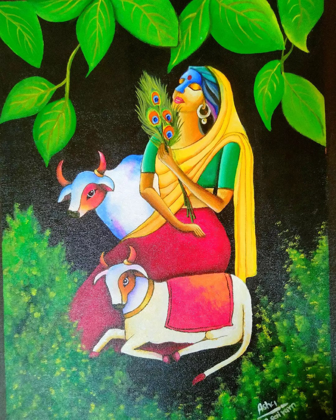 Viyog – Radha with Cows Painting – handmade by Asha Art Studio